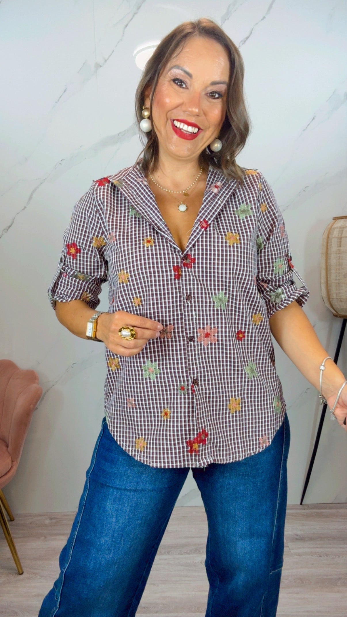 Camisa Cuadro Vicky Burdeos bordada