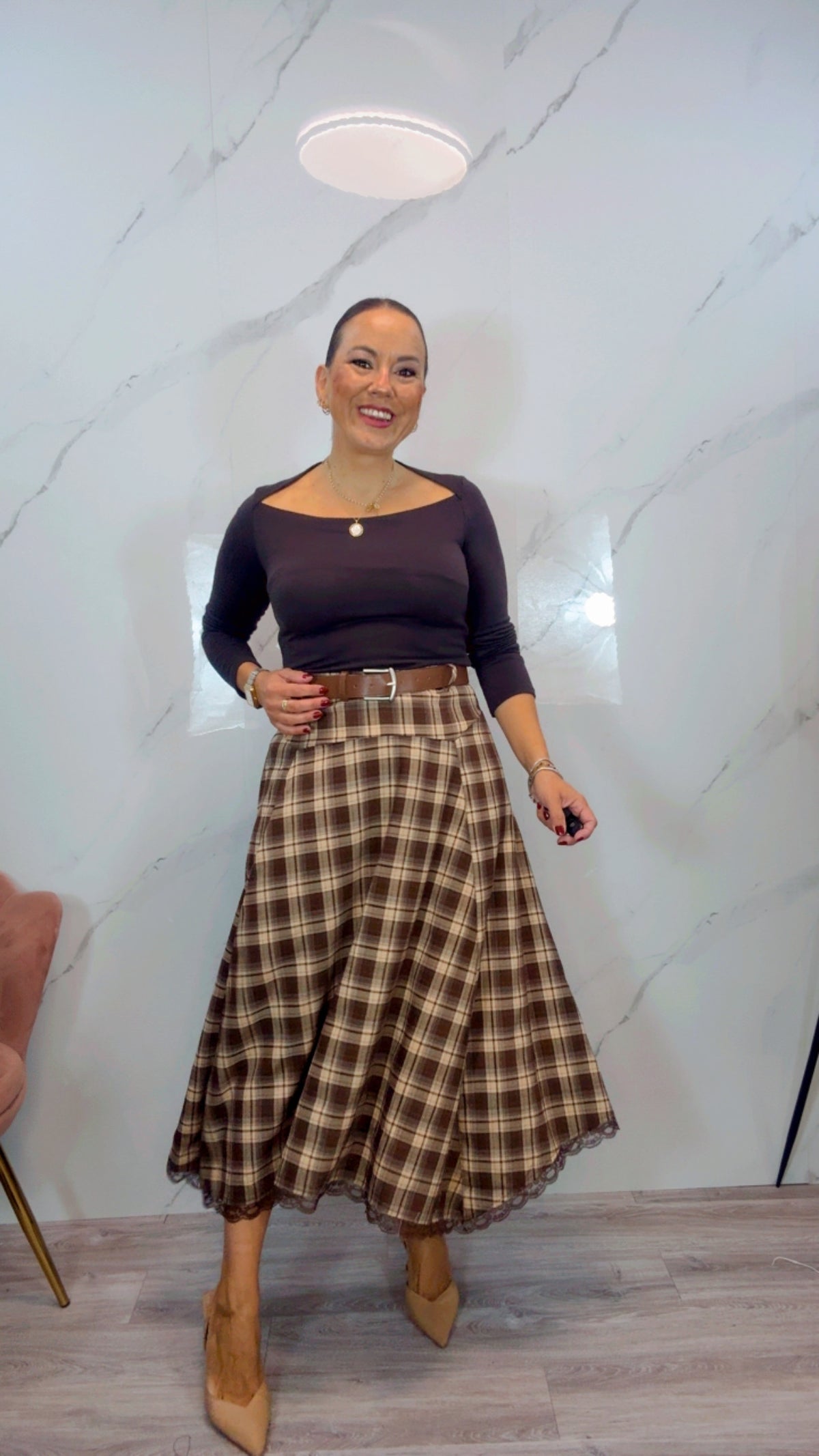 Falda cuadros marrón y Camel