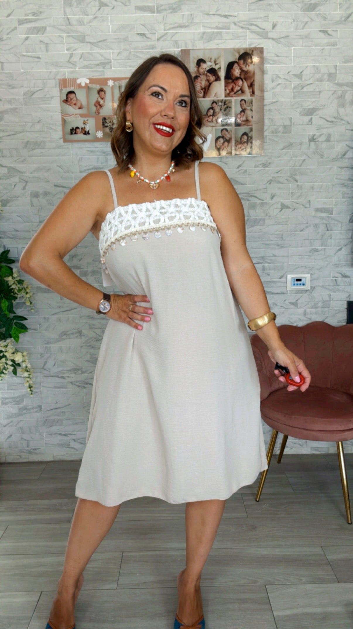 Vestido Crochet Conchas Beige