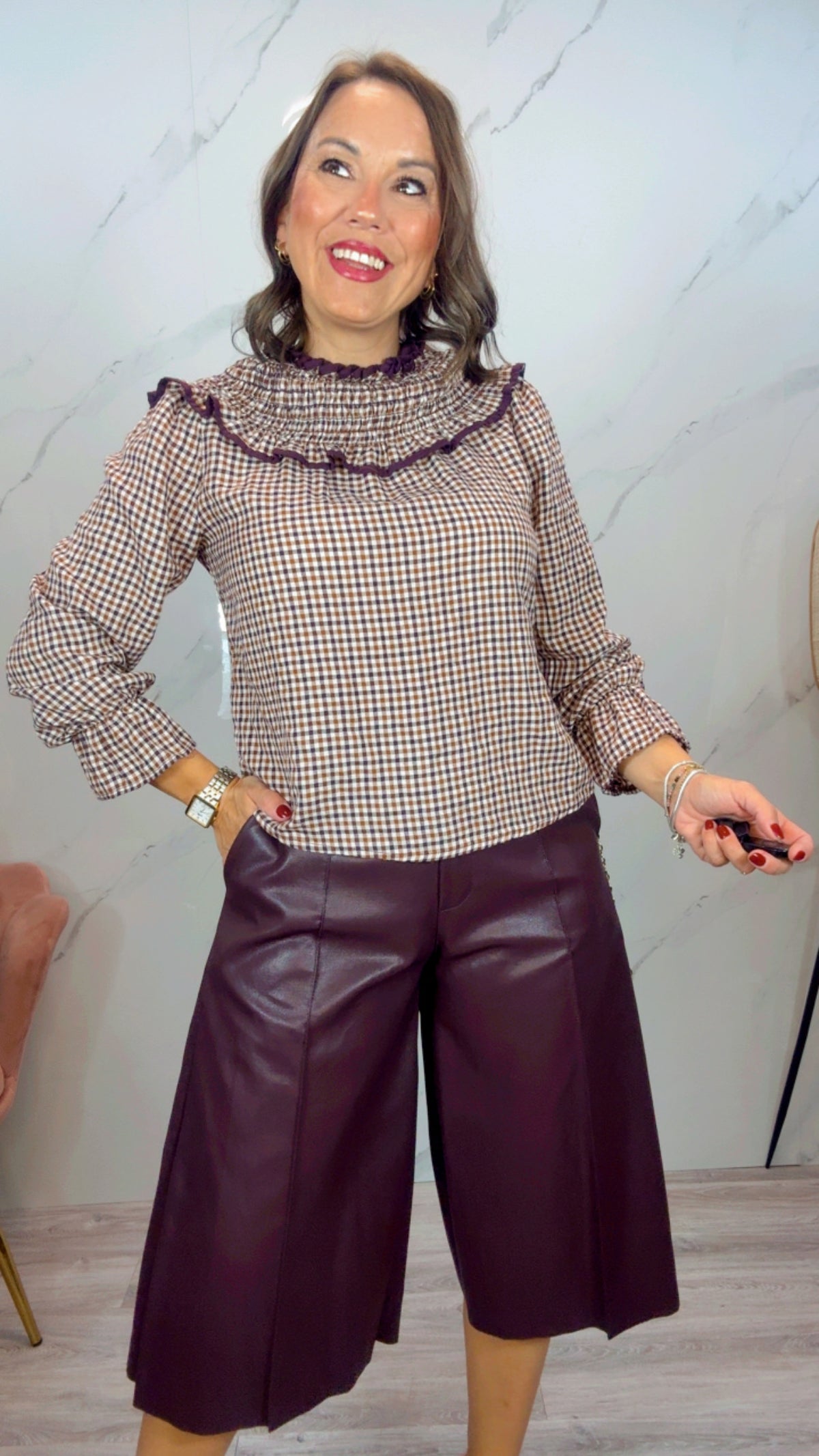 Blusa Vichy cuello redondo