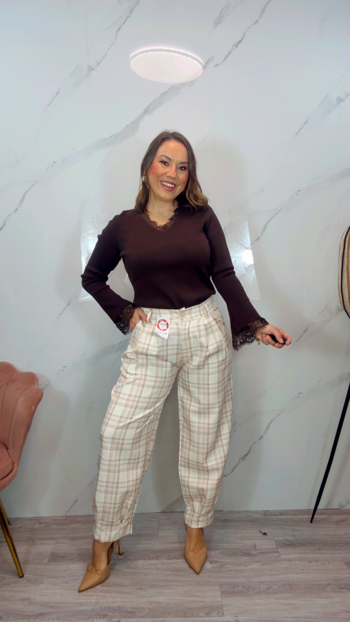 Pantalón Ballon cuadros beige