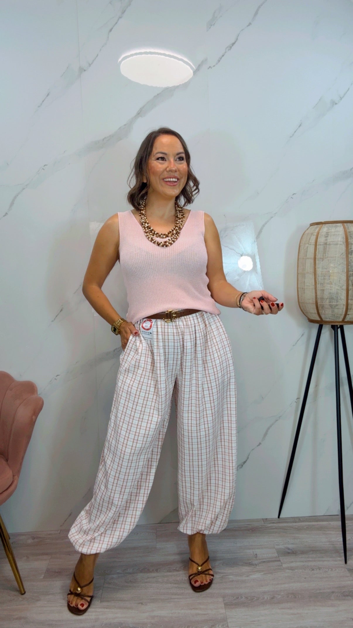 Pantalón Bombacho cuadros rosa