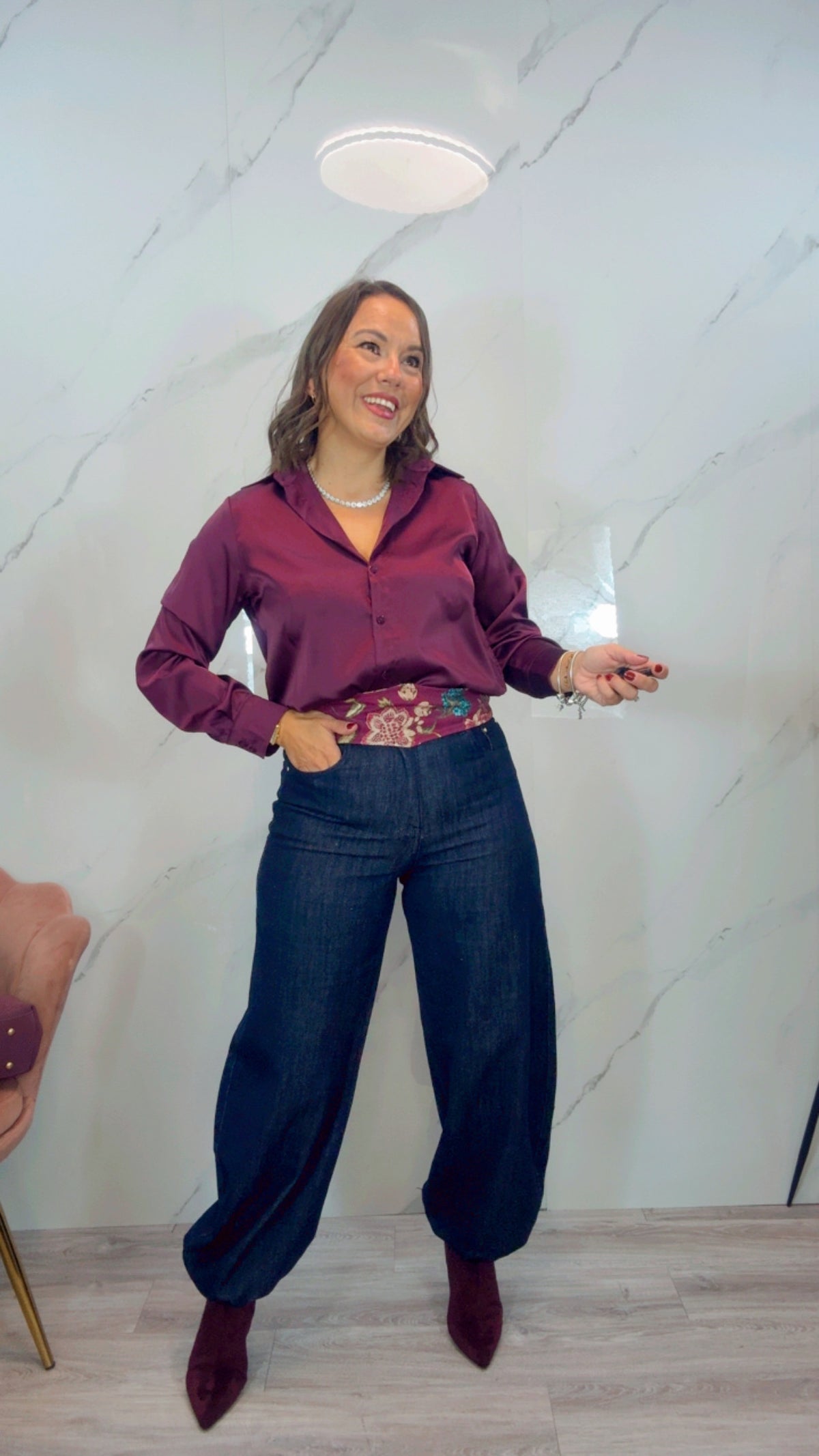 Pantalón Barrel denim oscuro brillos