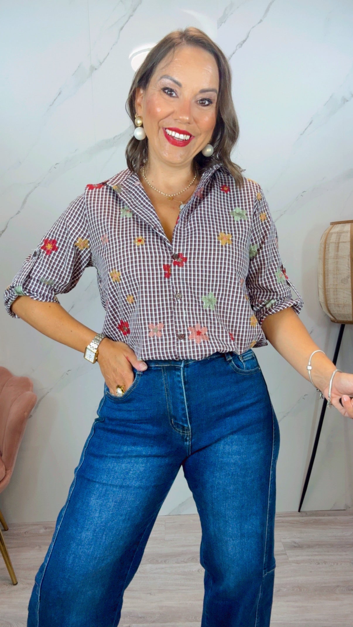 Camisa Cuadro Vicky Burdeos bordada