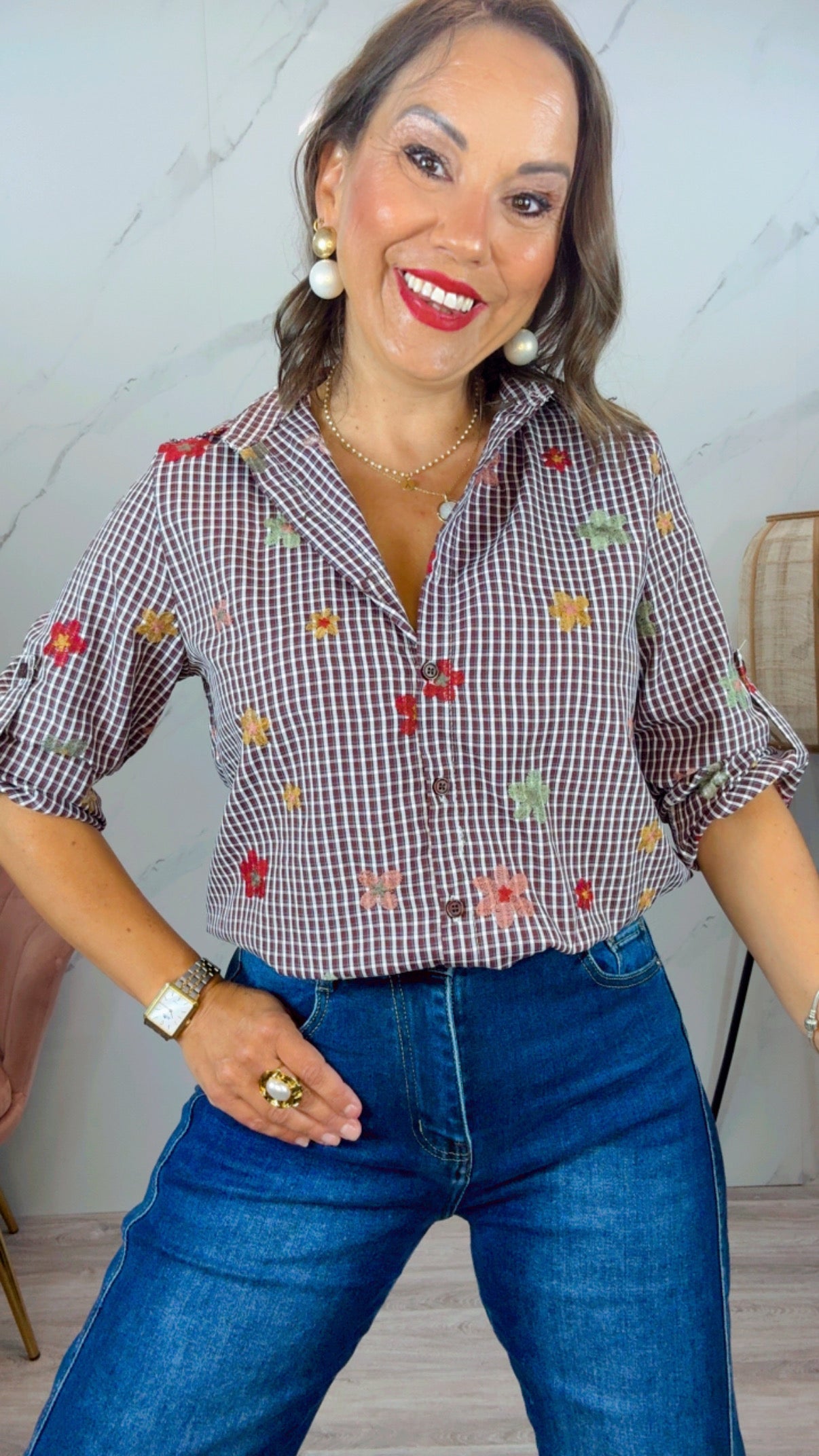 Camisa Cuadro Vicky Burdeos bordada