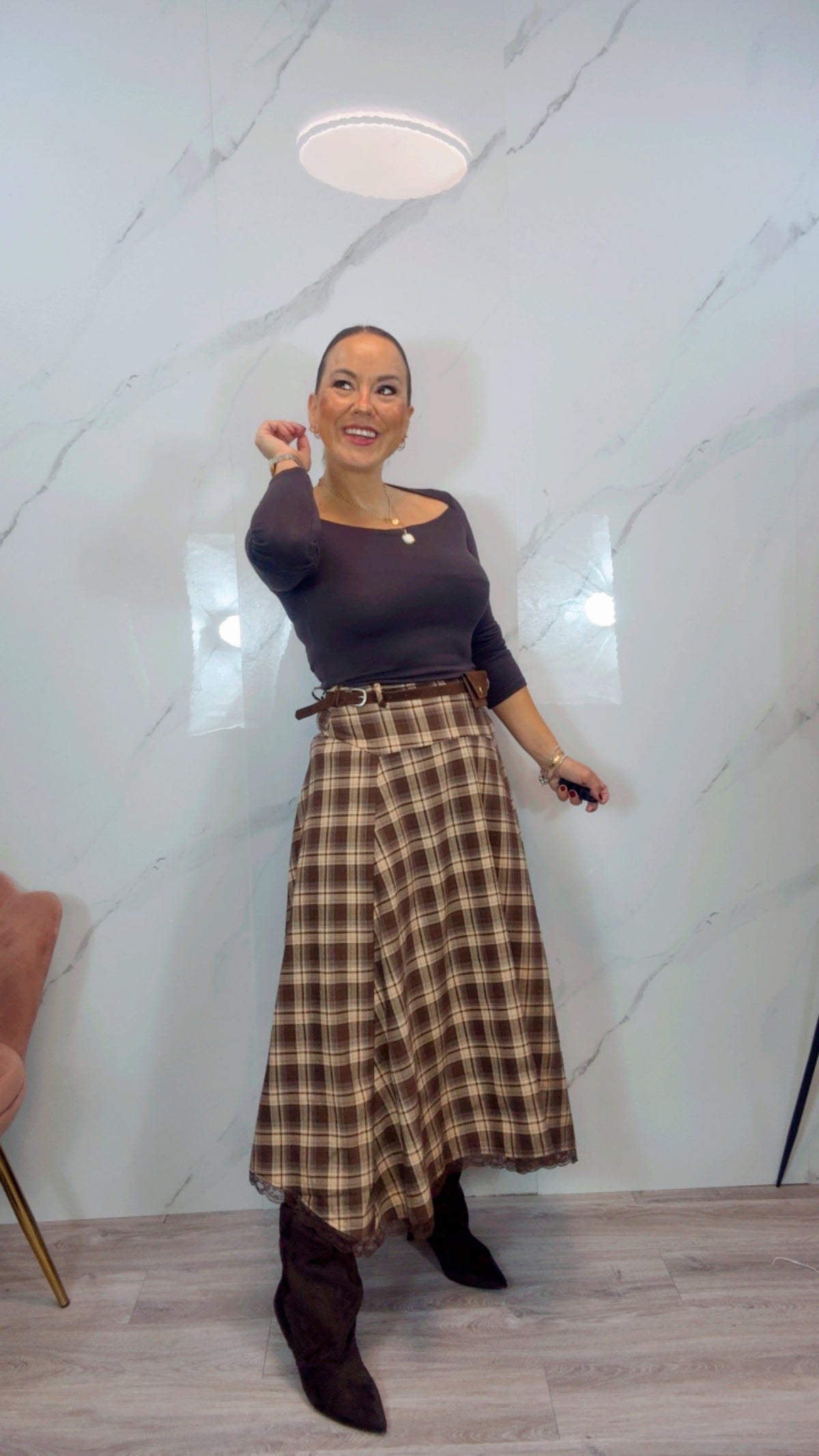 Falda cuadros marrón y Camel