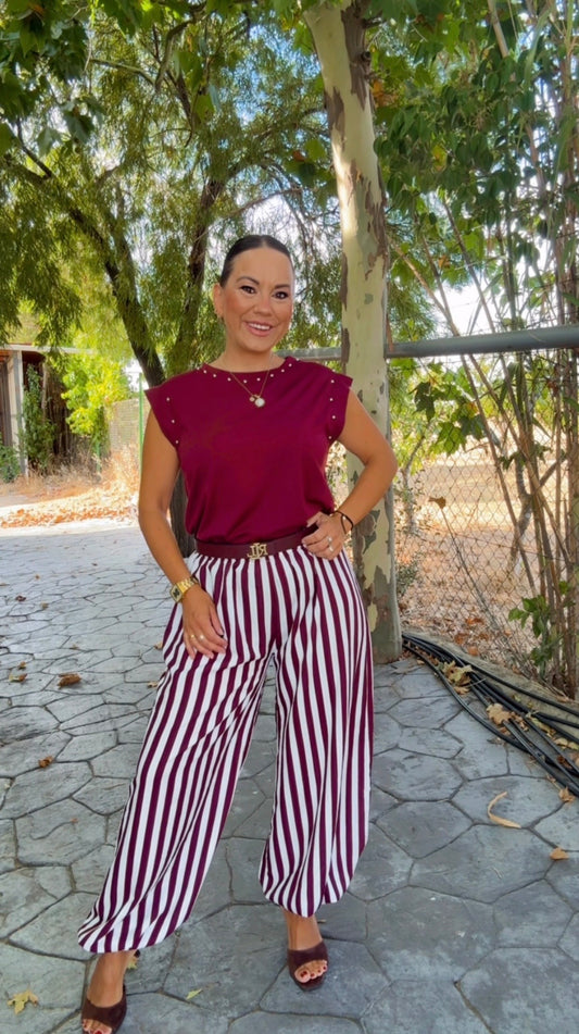 Pantalón Bombacho Rayas Burdeos