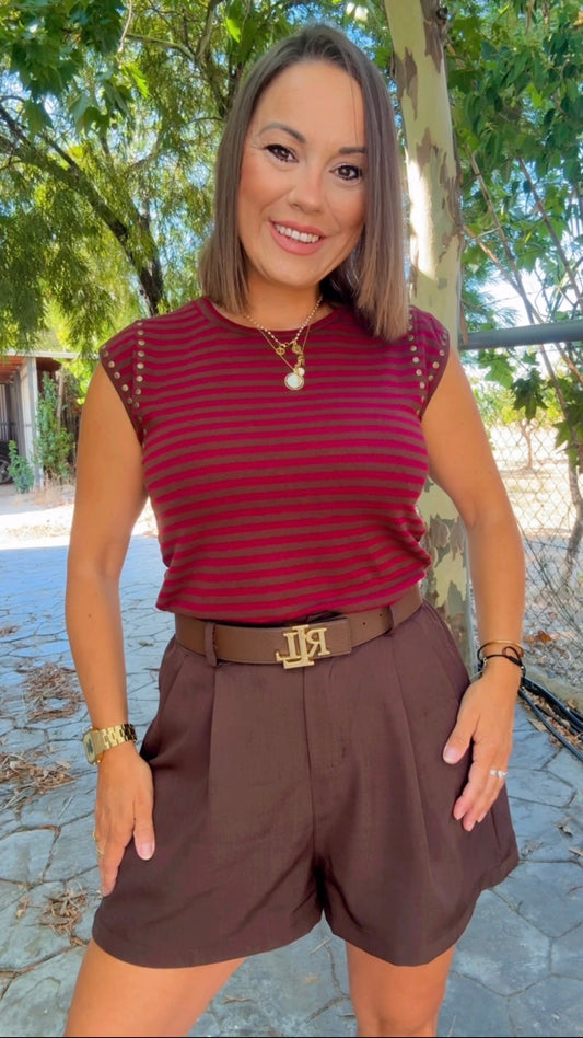 Camiseta Tachuelas rayas marrón y Burdeos