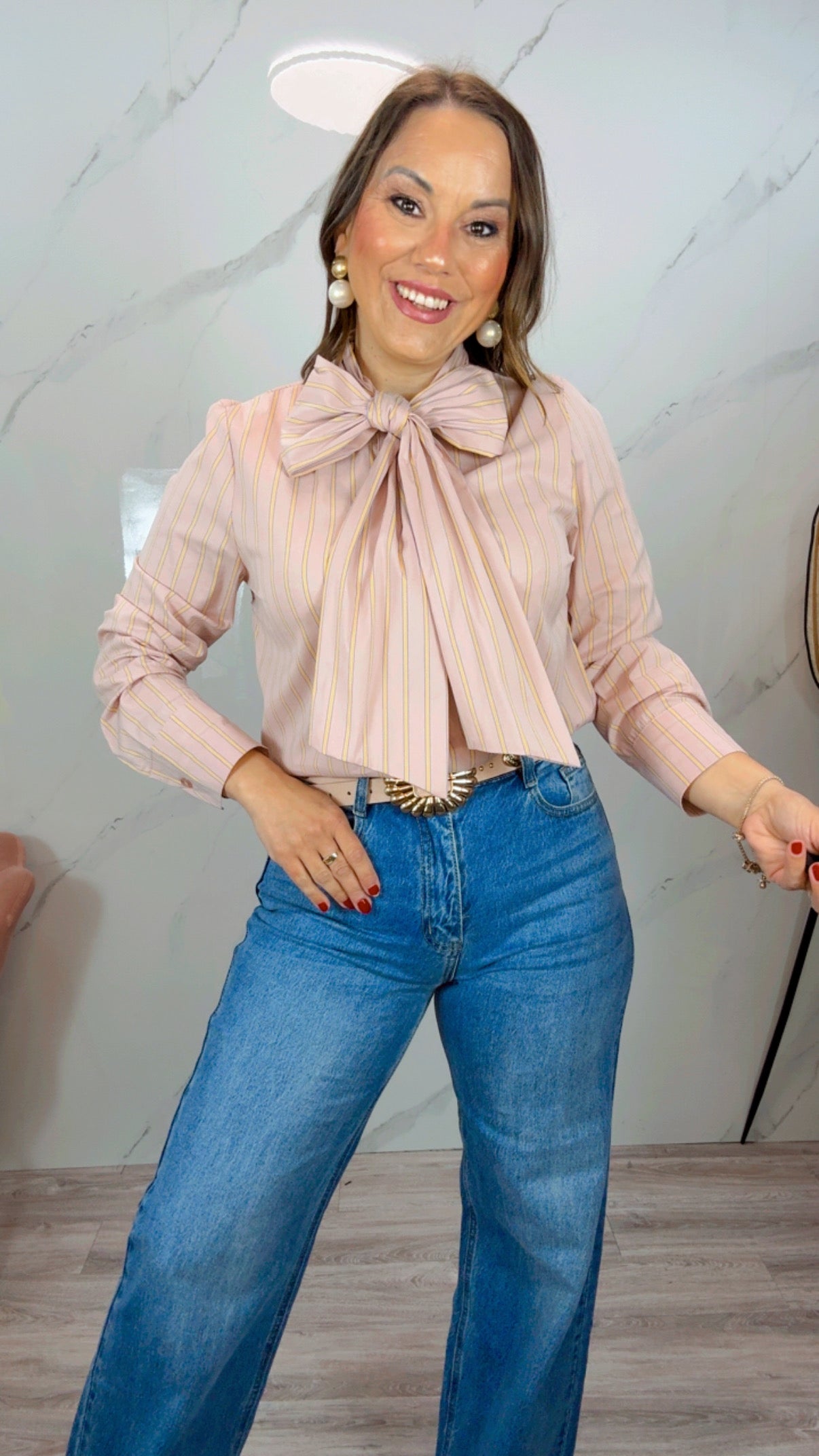 Camisa Rosa lazo Rayas amarilla