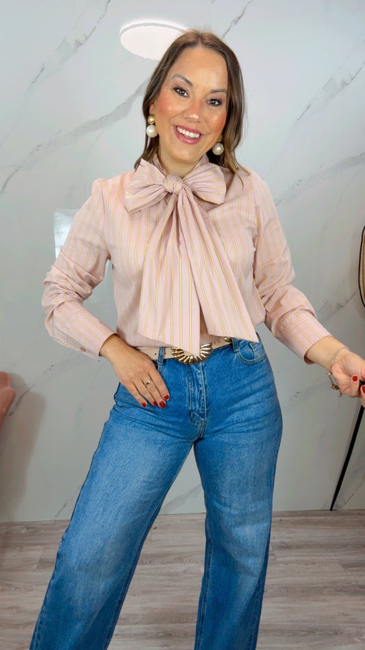 Camisa Rosa lazo Rayas amarilla