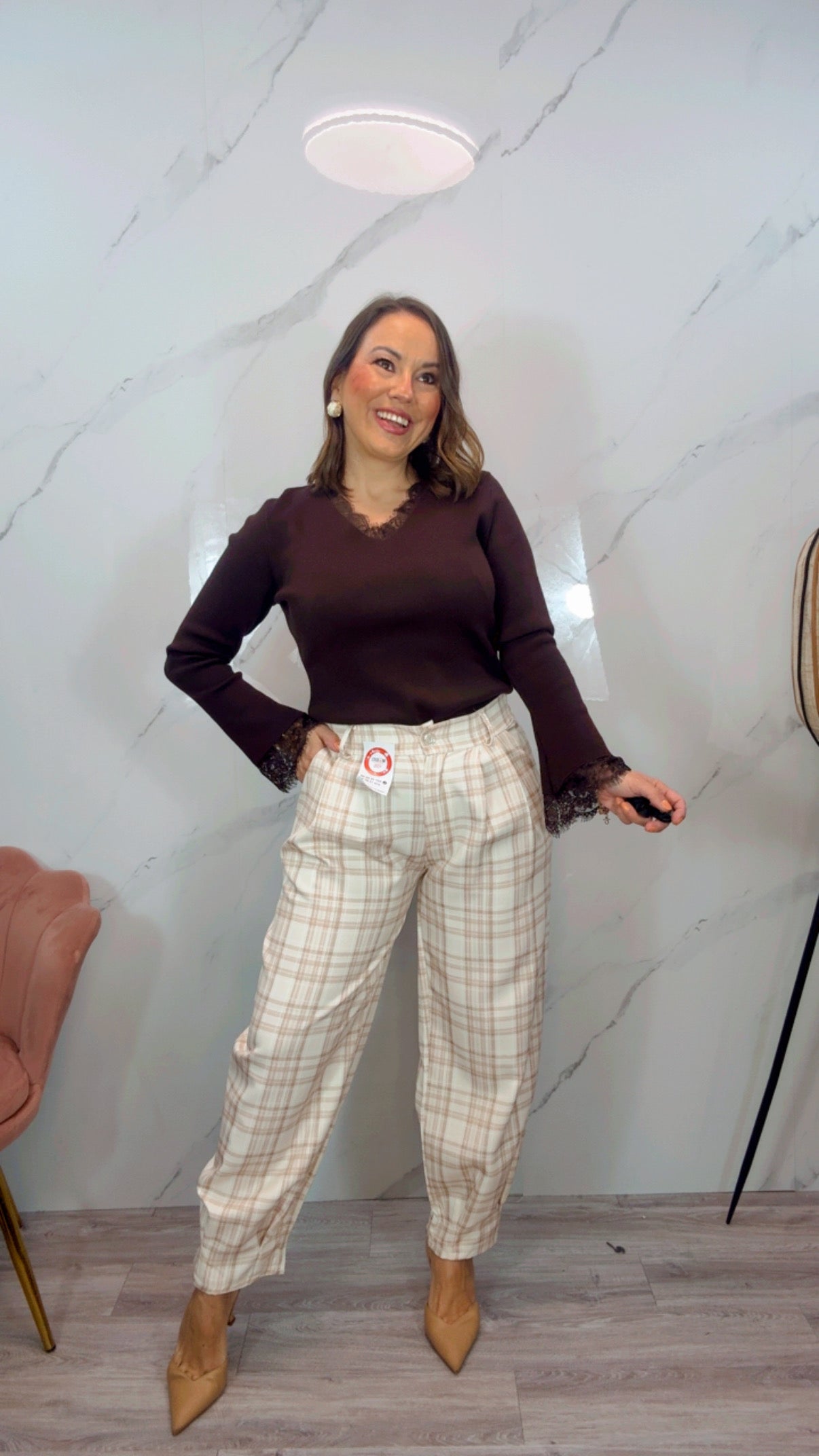 Pantalón Ballon cuadros beige