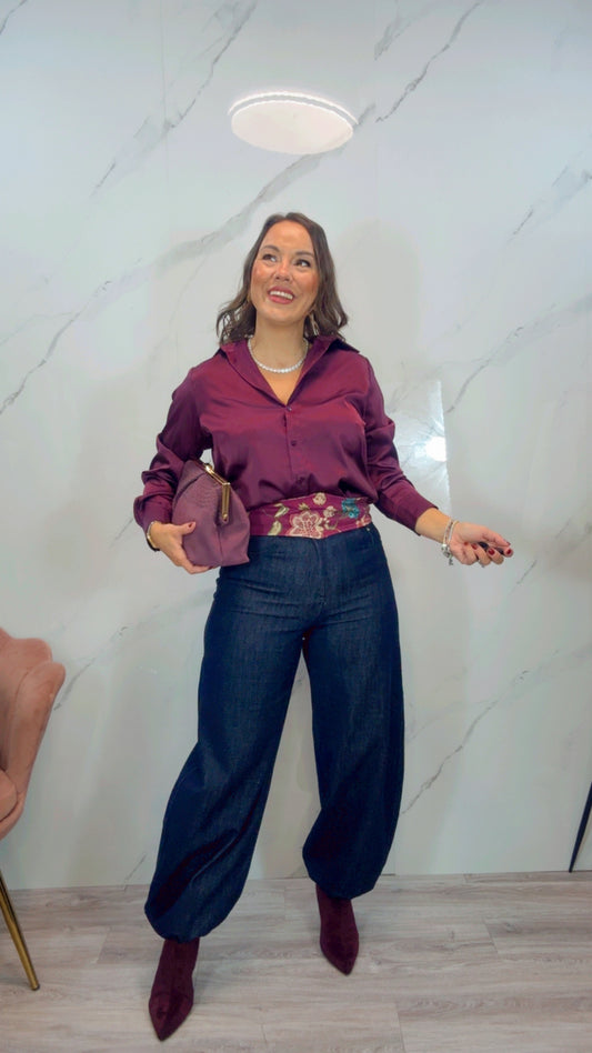 Pantalón Barrel denim oscuro brillos
