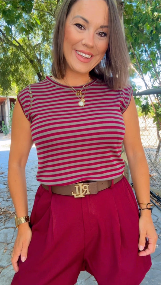 Camiseta tachuelas rayas Burdeos y verde caza