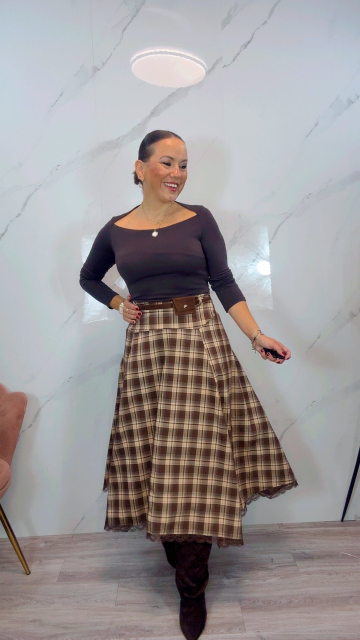 Falda cuadros marrón y Camel