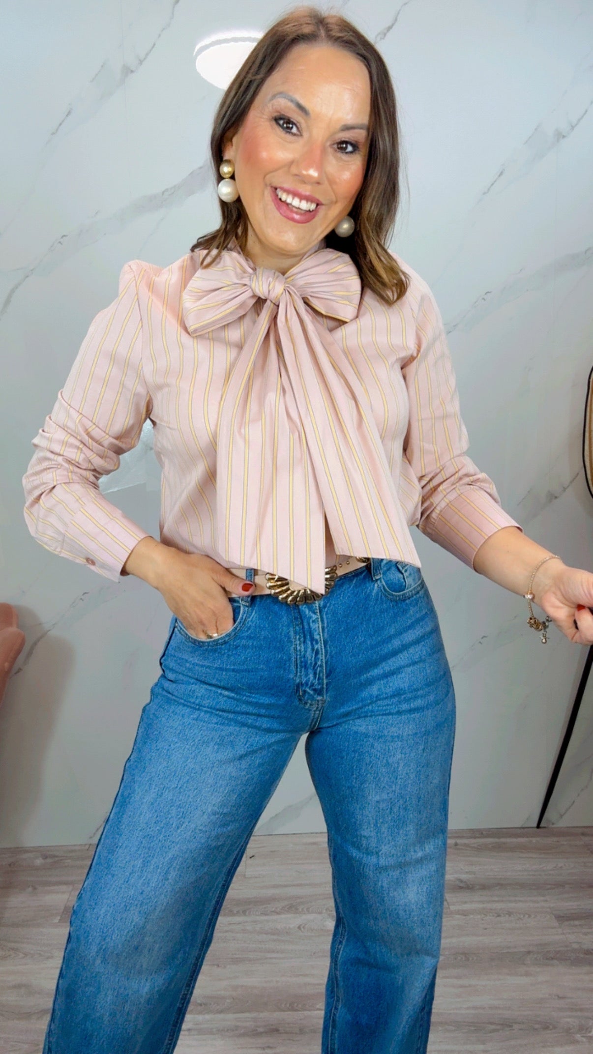 Camisa Rosa lazo Rayas amarilla